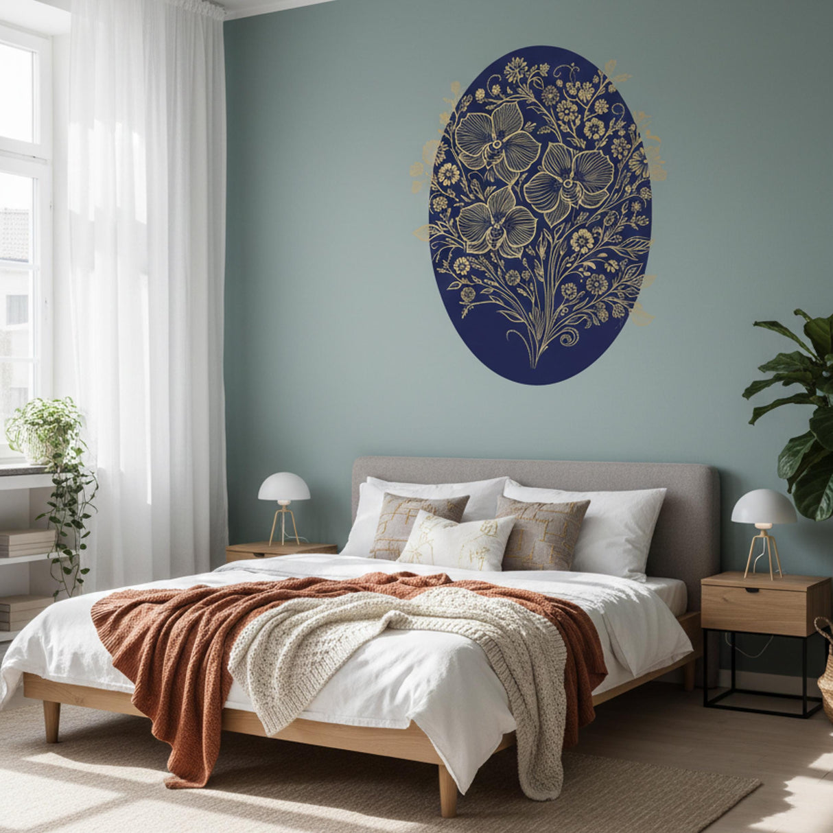 Gold Filigree Orchid Decal | Navy Blue Floral Mural | Ornate Botanical Wall Art | Luxury Gold Flower Sticker | Traditional Navy Home Decor