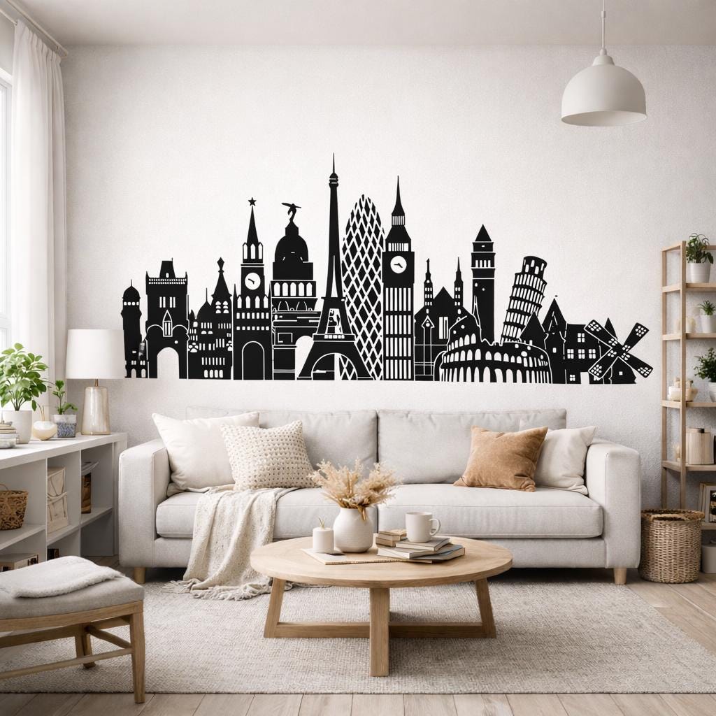 Europe Skyline Decal | Iconic Landmark Art | Travel Wall Decor | Eiffel Tower Big Ben | Colosseum Wall Mural | World Traveler Gift