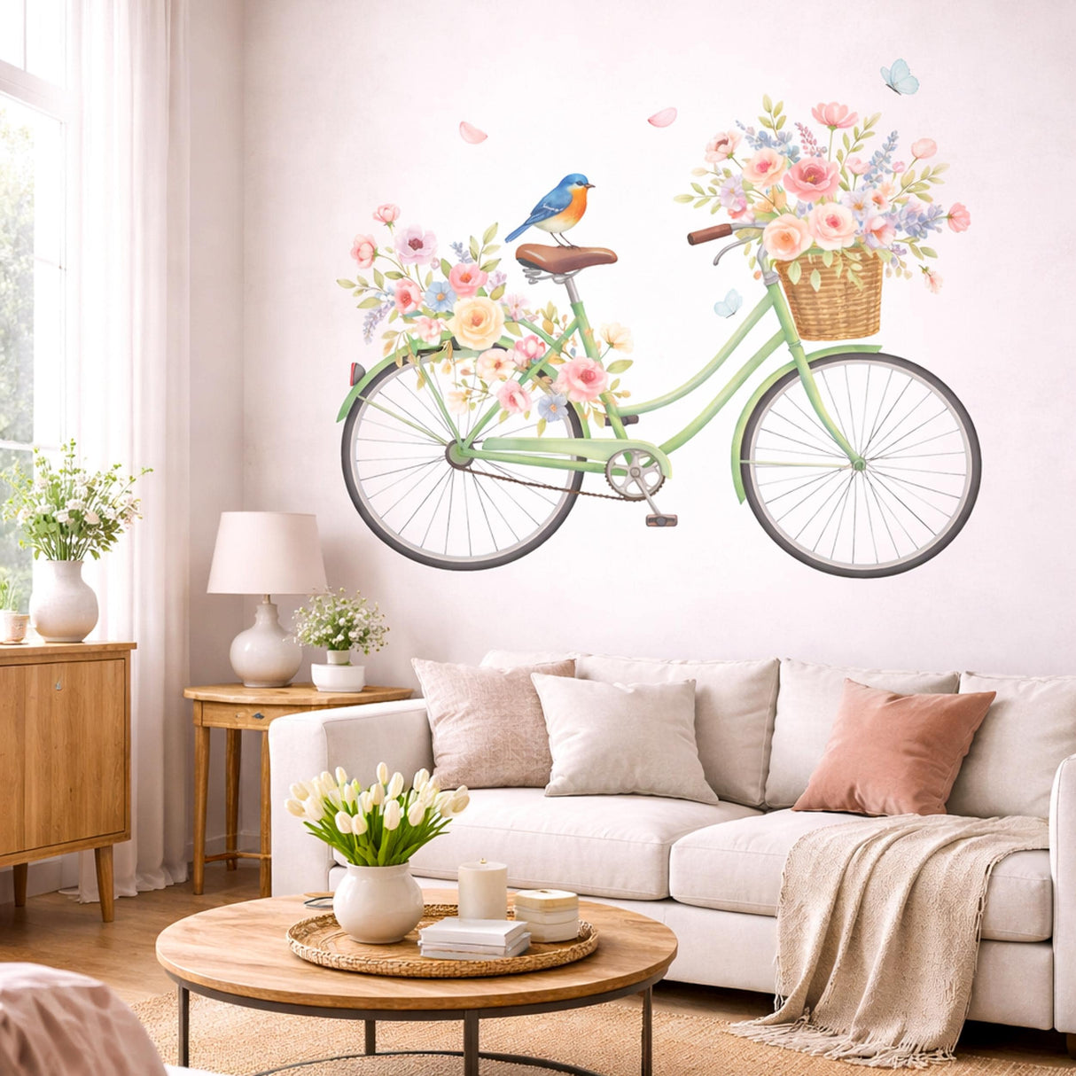 Floral Bicycle Wall Decal | Watercolor Mint Bike Sticker | Vintage Flower Basket Art | Cottagecore Wall Mural | Shabby Chic Nursery Decor