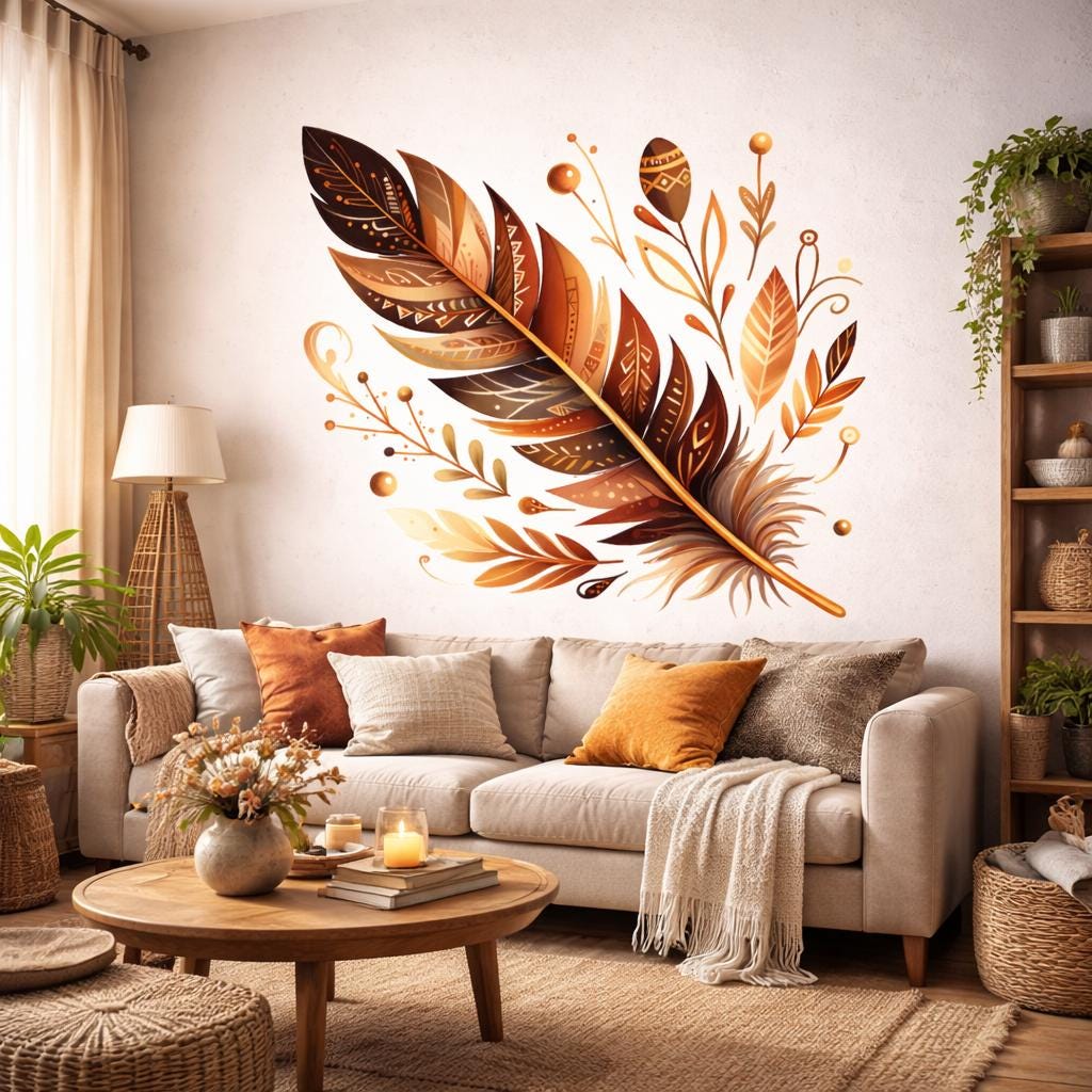 Boho Feather Decal | Tribal Pattern Wall Art | Earth Tone Feather Sticker | Native Inspired Mural | Bohemian Nursery Decor | Terracotta Leaf