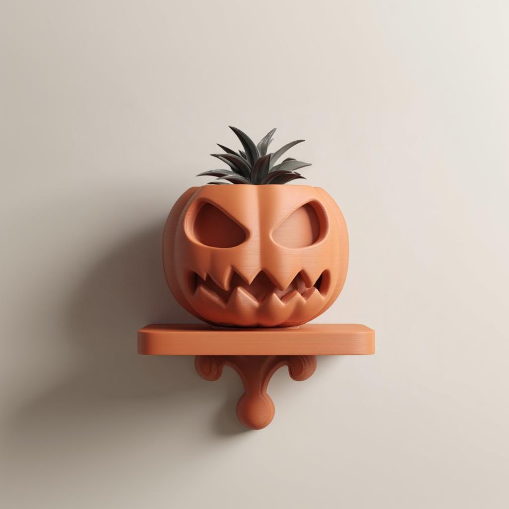 Wall Mounted Pumpkin Face Planter Shelf | 3D Printed Sculptural Wall Decor with Pot | Playful Modern Art Shelf for Plants Home Decor Gift