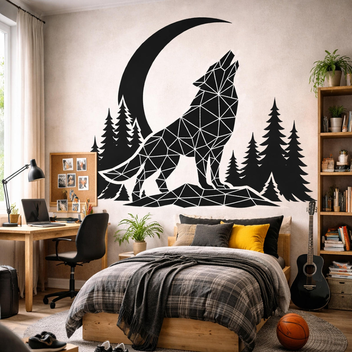Geometric Wolf Wall Decal | Low Poly Howling Wolf Sticker | Modern Forest Moon Mural | Origami Animal Wall Art | Nordic Nature Decor