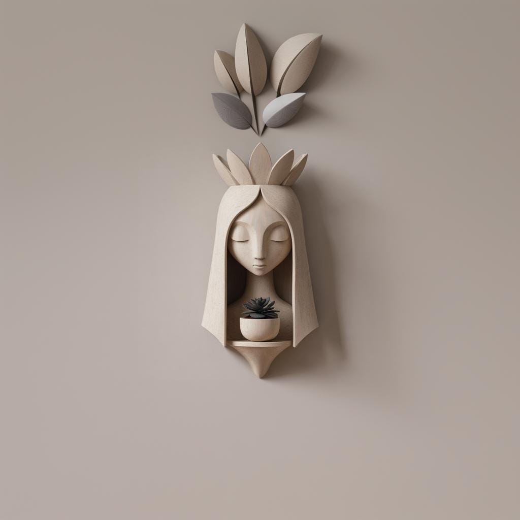 Wall Mounted Fairy Face Planter Shelf | 3D Printed Sculptural Wall Decor with Pot | Elegant Fantasy Art Shelf for Plants Modern Interiors