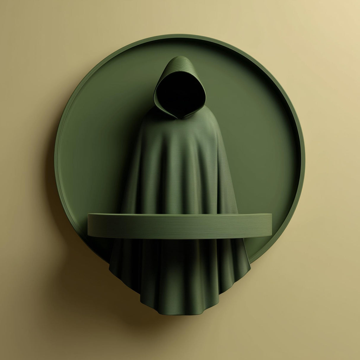 3D printed wall mounted shelf featuring a hooded cloaked figure set inside a circular backplate, with a narrow front ledge, shown in soft warm light.