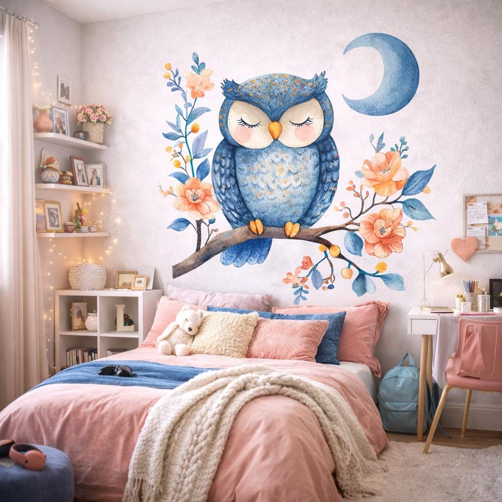 Sleeping Owl Wall Decal | Watercolor Nursery Art | Blue Owl Moon Sticker | Floral Branch Wall Mural | Baby Girl Boy Room Decor