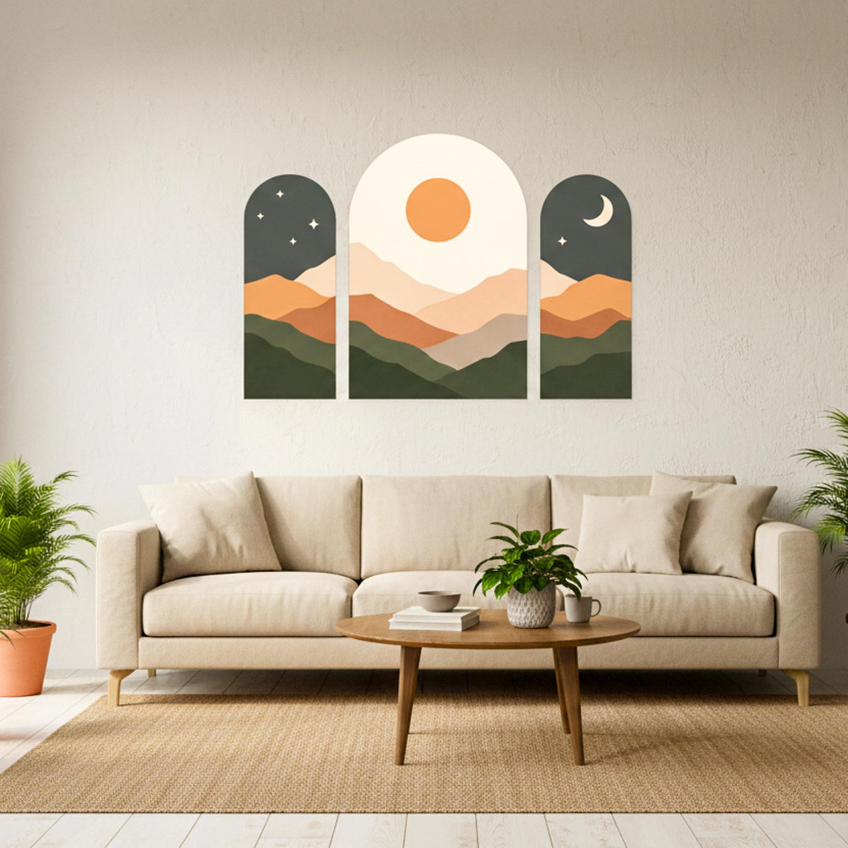 Boho Landscape Wall Art | Set Of 3 Arched Prints | Celestial Sun And Moon Decor | Mid Century Modern Mountain Art | Earthy Tone Gallery Wall
