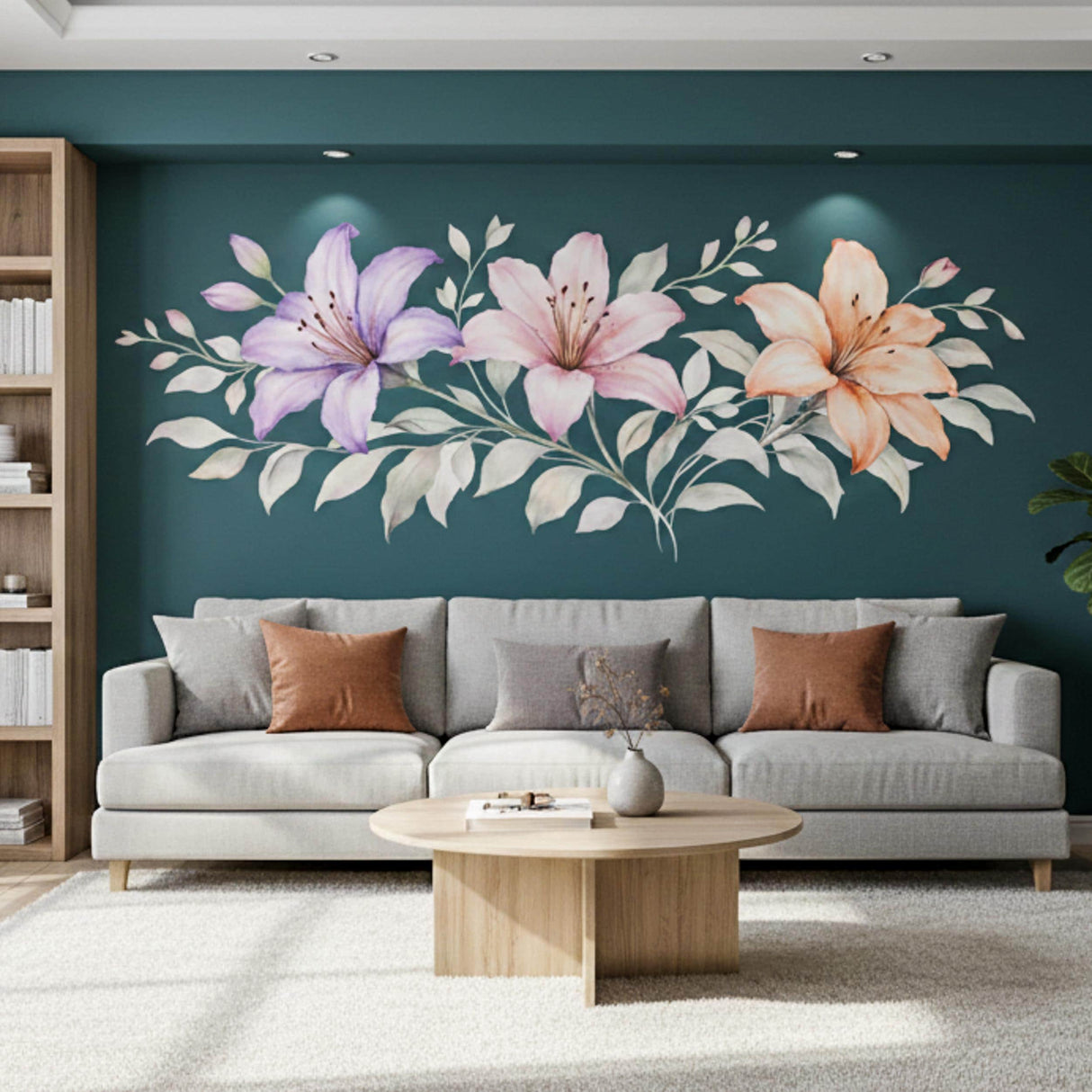 Lily Flower Wall Decal | Watercolor Floral Border | Pink and Purple Lily Art | Horizontal Botanical Mural | Nursery Wall Sticker