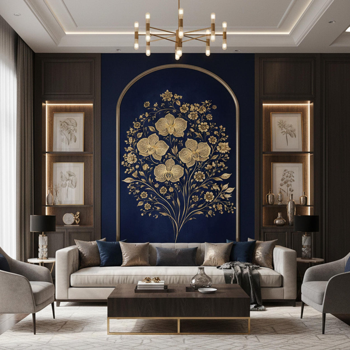 Gold Orchid Wall Decal | Navy Blue Floral Mural | Luxury Botanical Sticker | Elegant Arched Wall Art | Modern Glam Home Decor