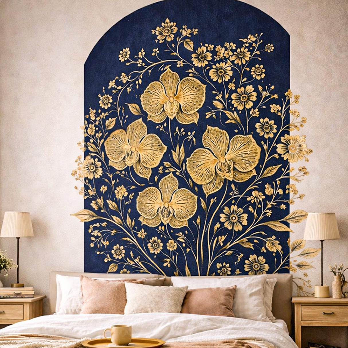 A sophisticated illustration of golden orchids and small flowers on a deep navy blue oval background, centered on a white field.
A structural arched panel in deep navy blue featuring an elegant arrangement of golden orchids and delicate blooms spilling over the edges.