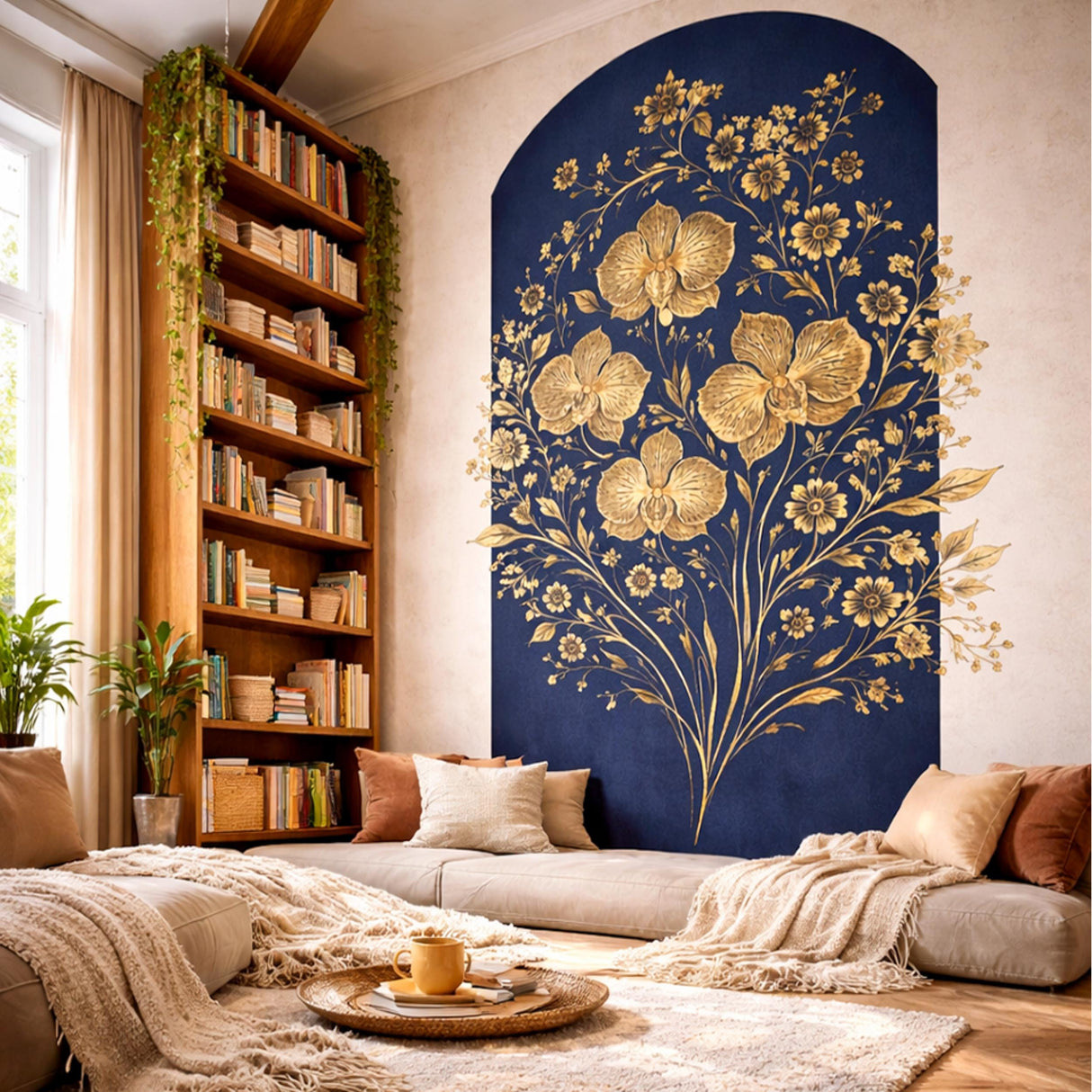 Gold Orchid Wall Decal | Navy Blue Floral Mural | Luxury Botanical Sticker | Elegant Arched Wall Art | Modern Glam Home Decor