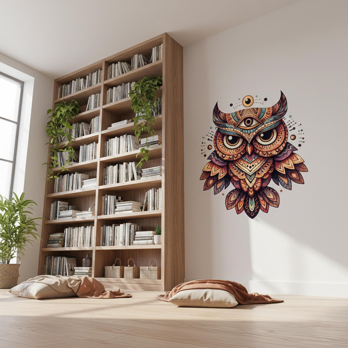 Mystical Owl Wall Decal | Spiritual Totem Wall Art | Boho Occult Owl Sticker | Psychedelic Owl Mural | All-Seeing Eye Decor | Tribal Owl Art