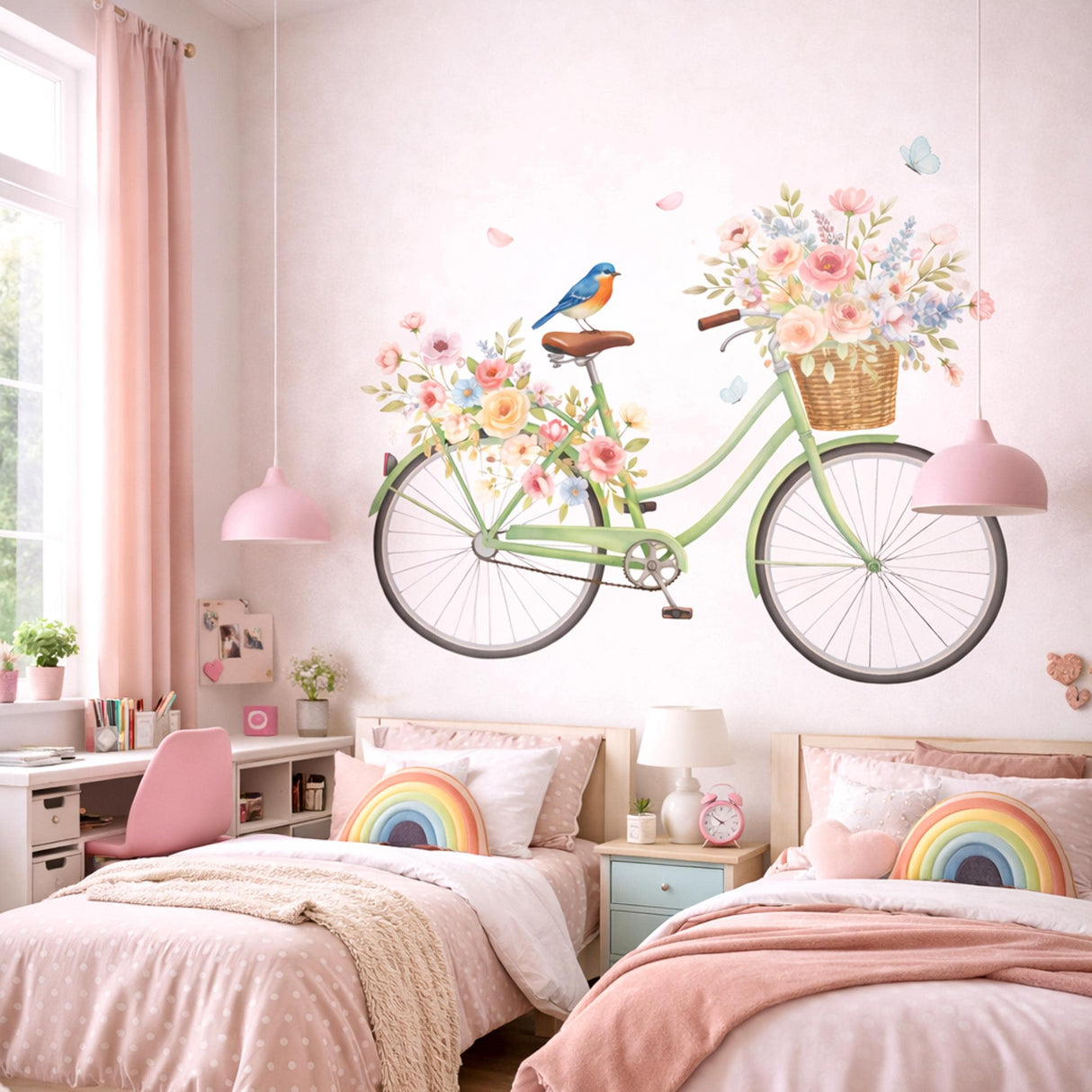Floral Bicycle Wall Decal | Watercolor Mint Bike Sticker | Vintage Flower Basket Art | Cottagecore Wall Mural | Shabby Chic Nursery Decor