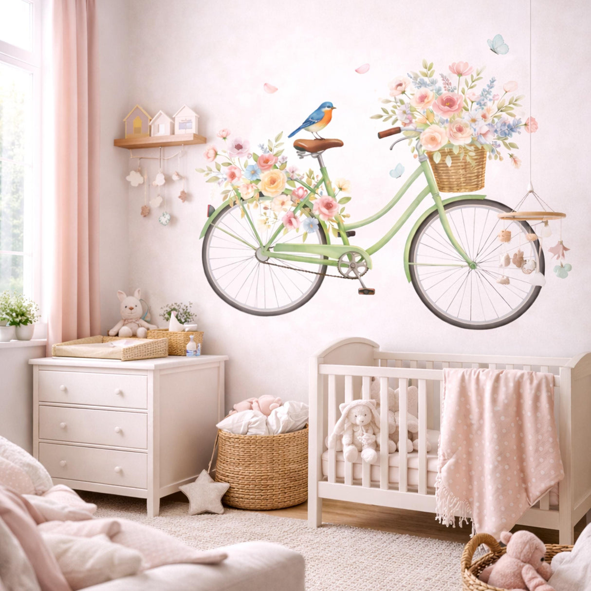 Floral Bicycle Wall Decal | Watercolor Mint Bike Sticker | Vintage Flower Basket Art | Cottagecore Wall Mural | Shabby Chic Nursery Decor