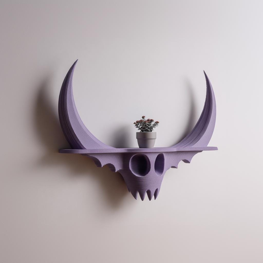 Dark Fantasy Skull Wall Shelf Decor | 3D Printed Horned Gothic Shelf | Sculptural Demon Wall Art Accent for Modern Alternative Interiors