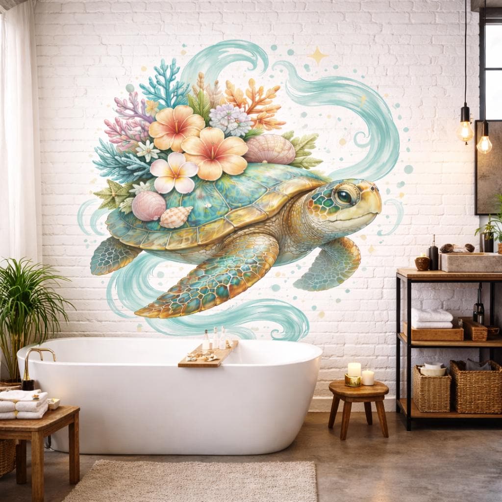 Sea Turtle Wall Decal | Tropical Floral Wall Sticker | Coastal Nursery Decor | Ocean Life Vinyl Art | Bathroom Wall Decor | Hibiscus Turtle