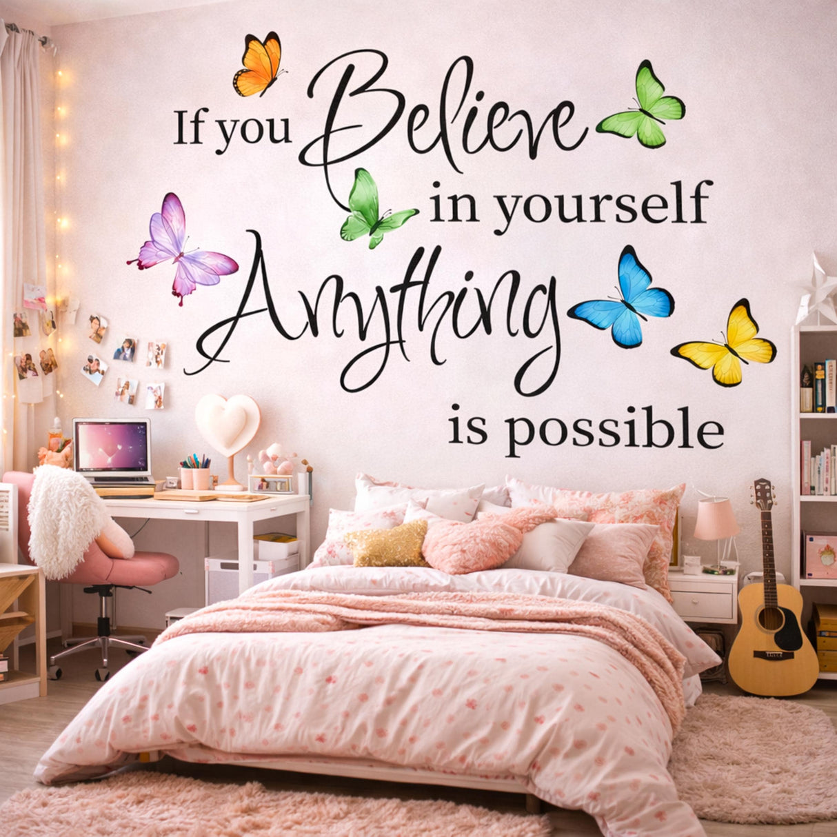 The motivational quote "If you Believe in yourself Anything is possible" written in black ink on a white background. The text is surrounded by six vibrant watercolor butterflies in orange, green, purple, blue, and yellow-orange hues.