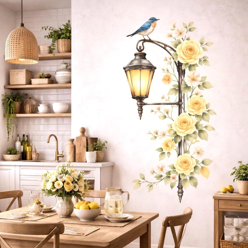 Floral Street Lamp Decal | Yellow Rose Wall Art | Watercolor Lantern Sticker | Vintage Garden Mural | Shabby Chic Flower Decor