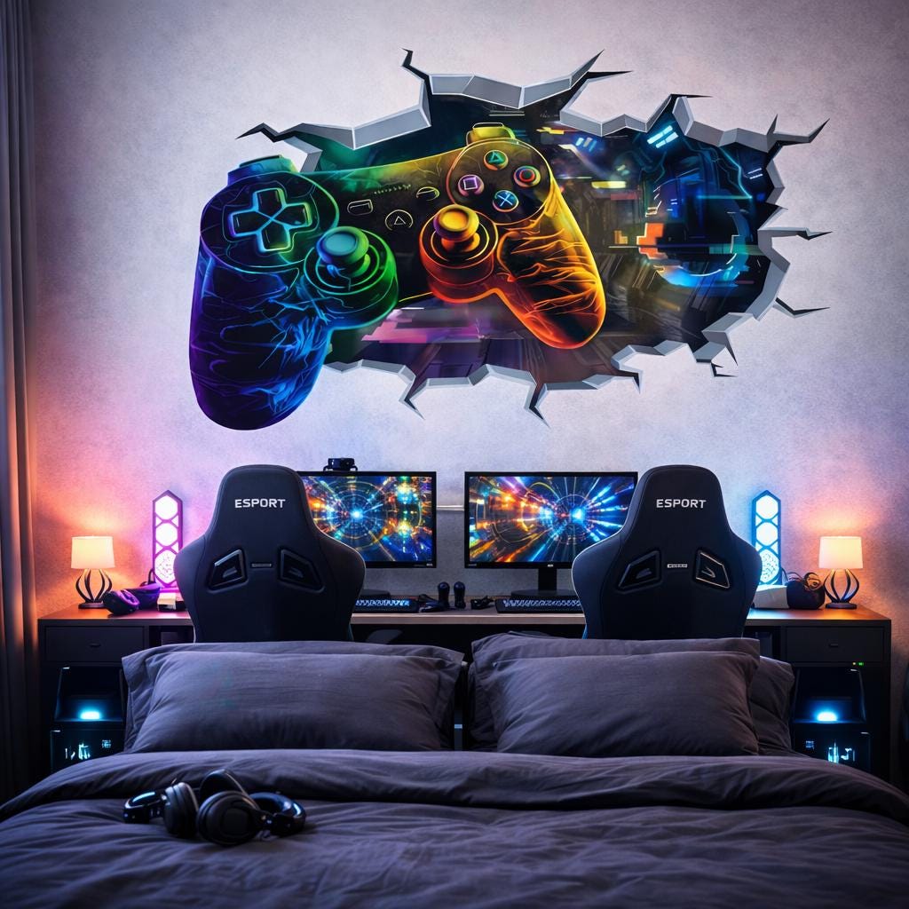 3D Gamer Wall Decal | Neon Game Controller Mural | Joystick Wall Smash Sticker | Teen Gaming Room Decor | Video Game Art Print