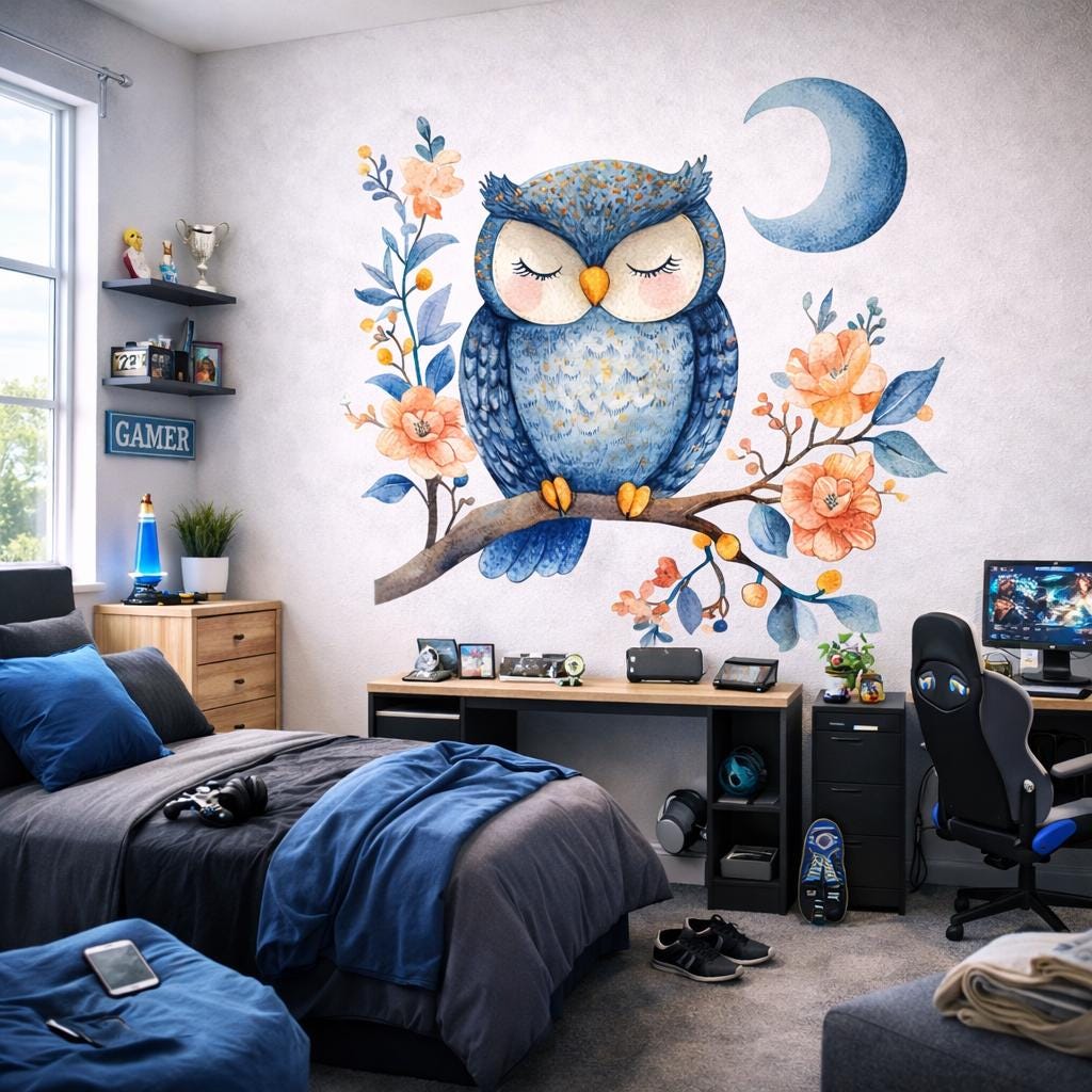 Sleeping Owl Wall Decal | Watercolor Nursery Art | Blue Owl Moon Sticker | Floral Branch Wall Mural | Baby Girl Boy Room Decor
