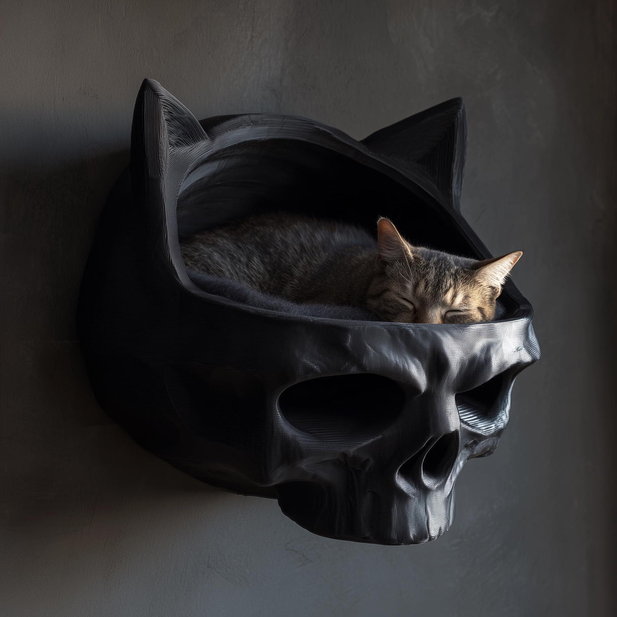 3D printed dark fantasy skull wall mounted cat bed in matte black PLA with a sleeping tabby cat inside, gothic interior setting.