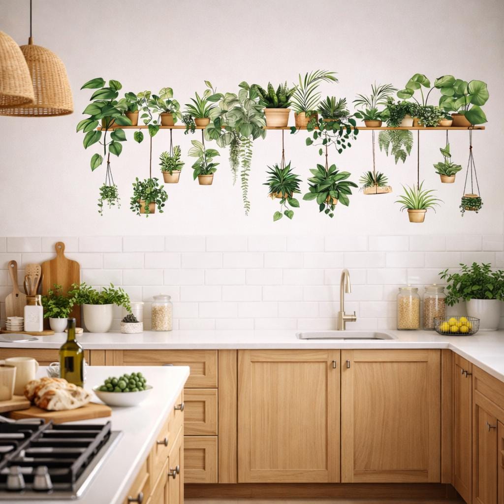 Indoor Plant Shelf Wall Decal | Potted Greenery Mural | Hanging Plant Sticker | Urban Jungle Wall Art | Biophilic Home Decor