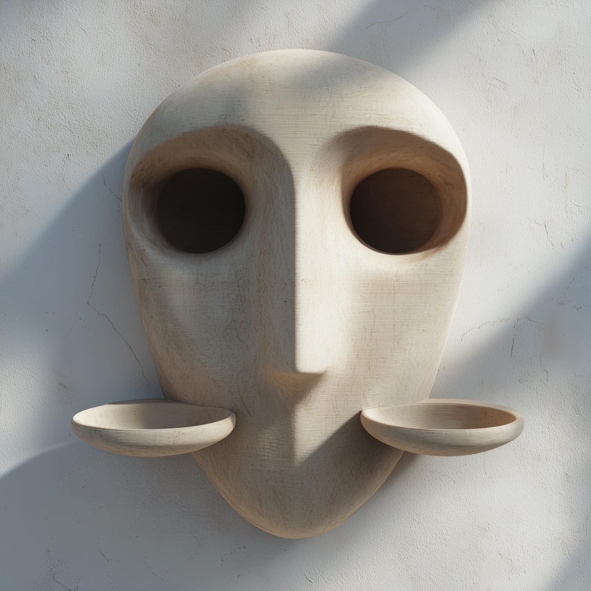 3D printed minimalist face wall shelf with two removable cup platforms on each side, mounted on a textured neutral interior wall.