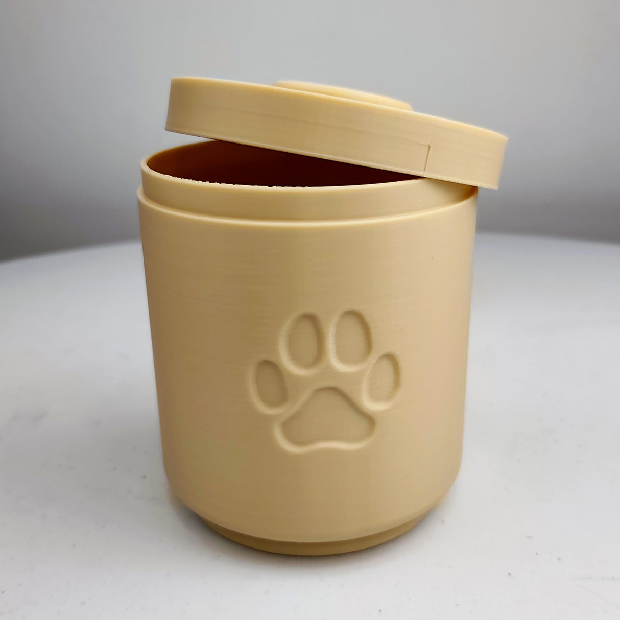 3D Printed Pet Memorial Urn | Minimalist Cylindrical Cremation Urn with Paw Print | Modern Remembrance Decor for Dogs or Cats