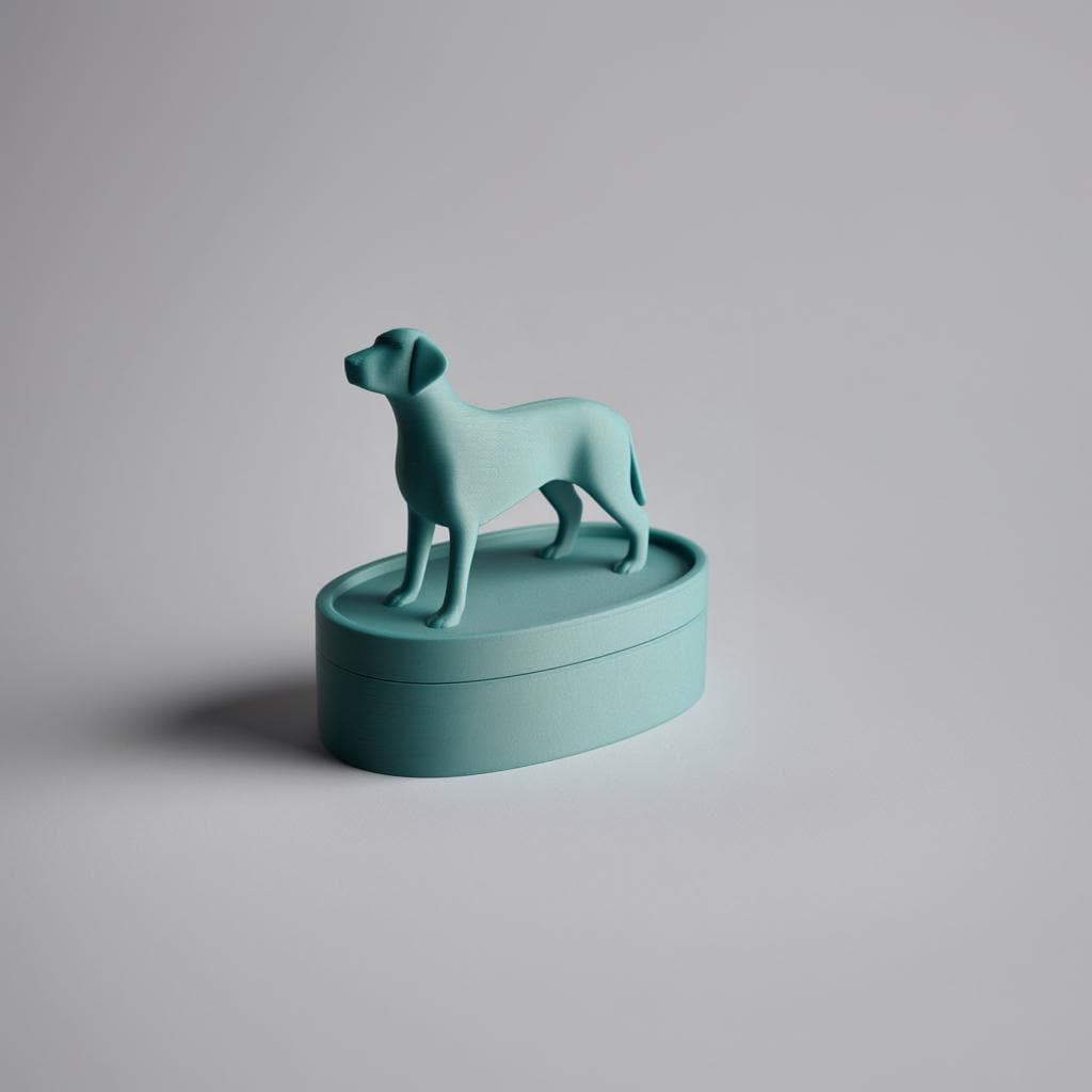 Dog Figurine Pet Ashes Urn | 3D Printed Oval Memorial Keepsake with Standing Dog Sculpture Lid |Modern Minimal Cremation Decor Sympathy Gift