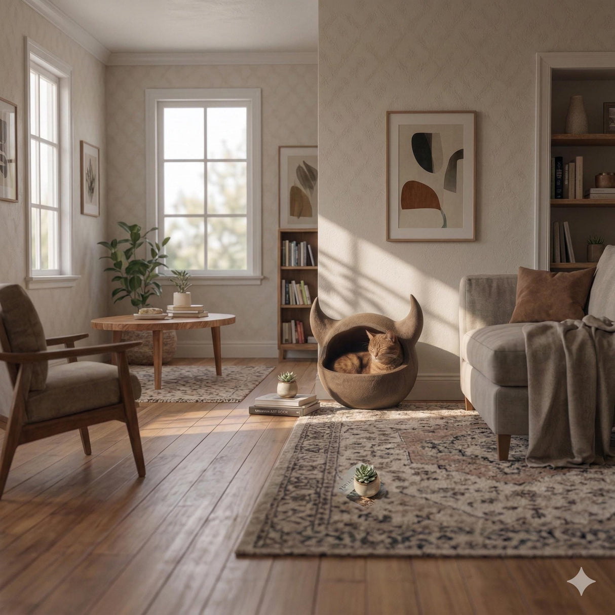 Horned Cat Cave Bed | 3D Printed Floor Cat Pod Lounger | Enclosed Cozy Cat Hideout |Modern Pet Furniture