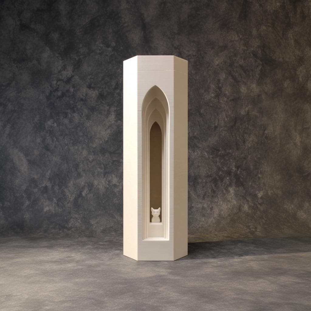 Cat Memorial Urn Tower | 3D Printed Architectural Gothic Arch Keepsake for Pet Ashes | Modern Minimal Remembrance Decor, Sympathy Gift Home