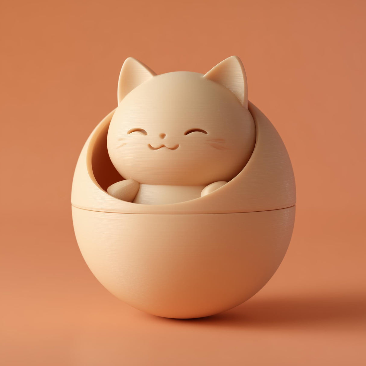 3D printed kawaii cat pet ashes urn with a smiling cat figure nested in a rounded orb container, visible print texture, clean studio background.