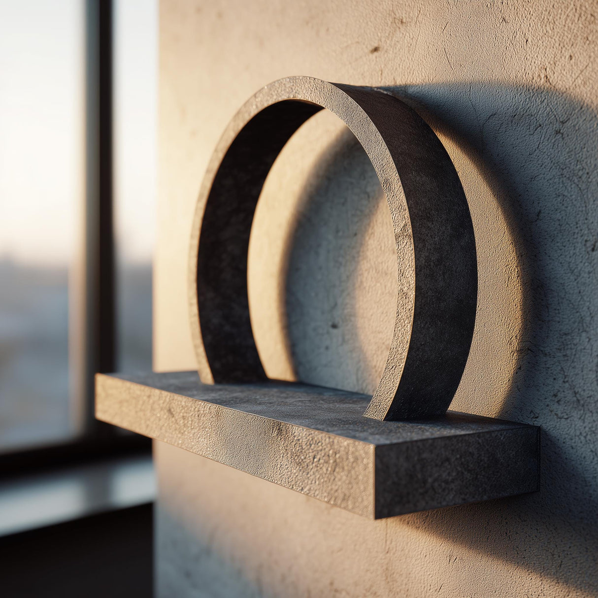 3D printed wall mounted shelf with a bold circular arch ring back and a slim floating ledge, shown against a textured wall near a window in warm light.