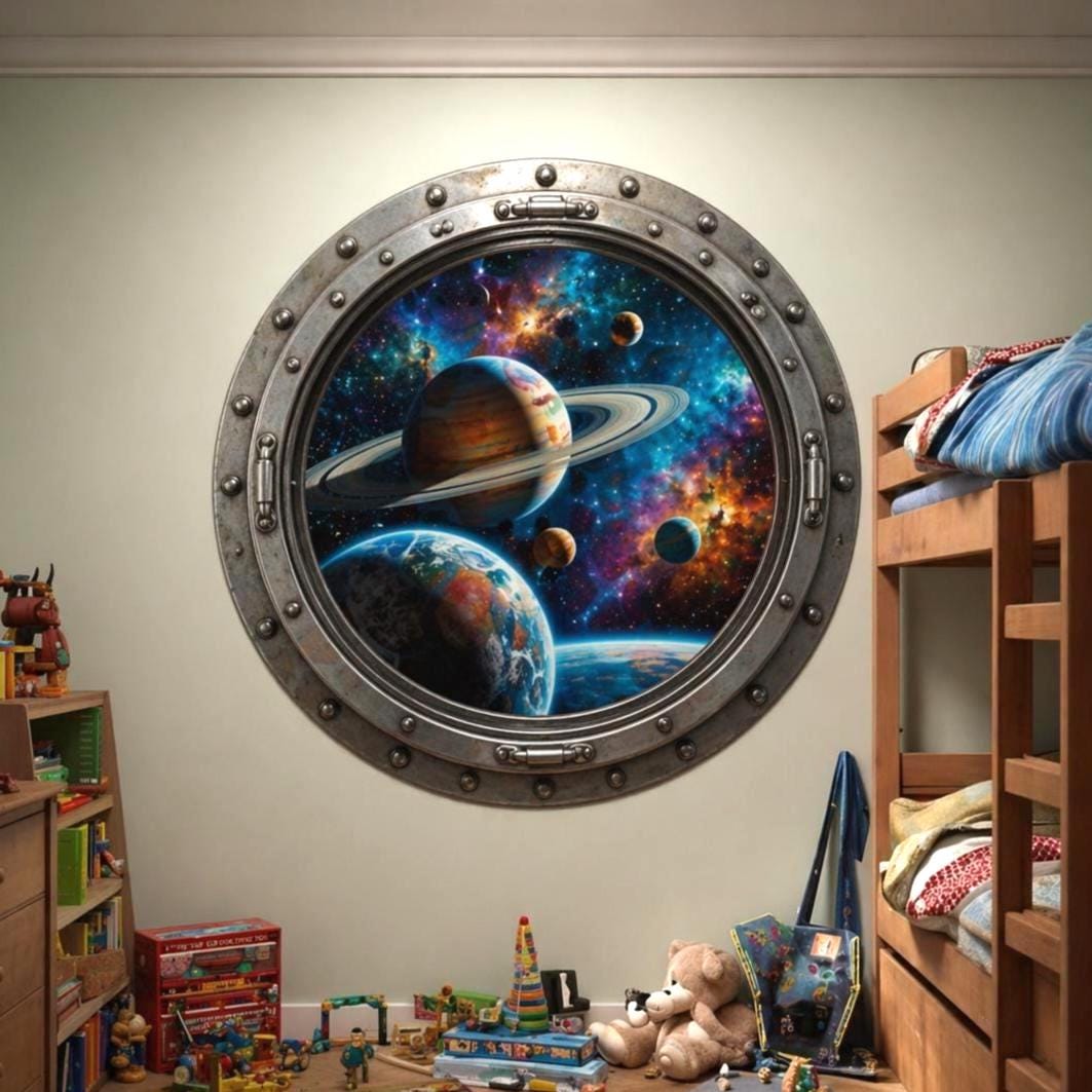 Round spaceship porthole wall vinyl decal showing a colorful galaxy scene with planets and stars, creating a 3D window illusion.