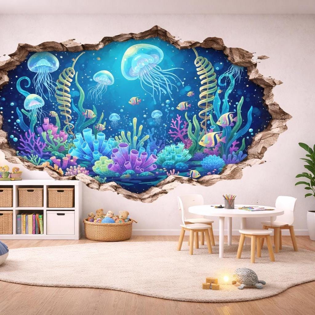 3D Underwater Wall Vinyl Decal | Jellyfish Coral Reef Broken Wall Illusion Sticker | Ocean Aquarium Wall Art | Kids Room Bathroom Decor