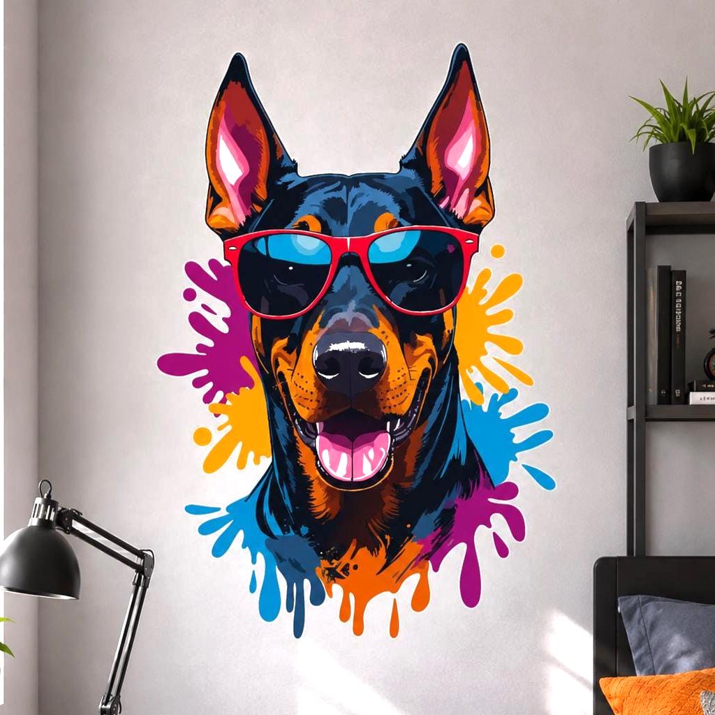 Pop art Doberman head wall vinyl decal with red sunglasses and colorful paint splashes in blue, orange, and purple on a white background.