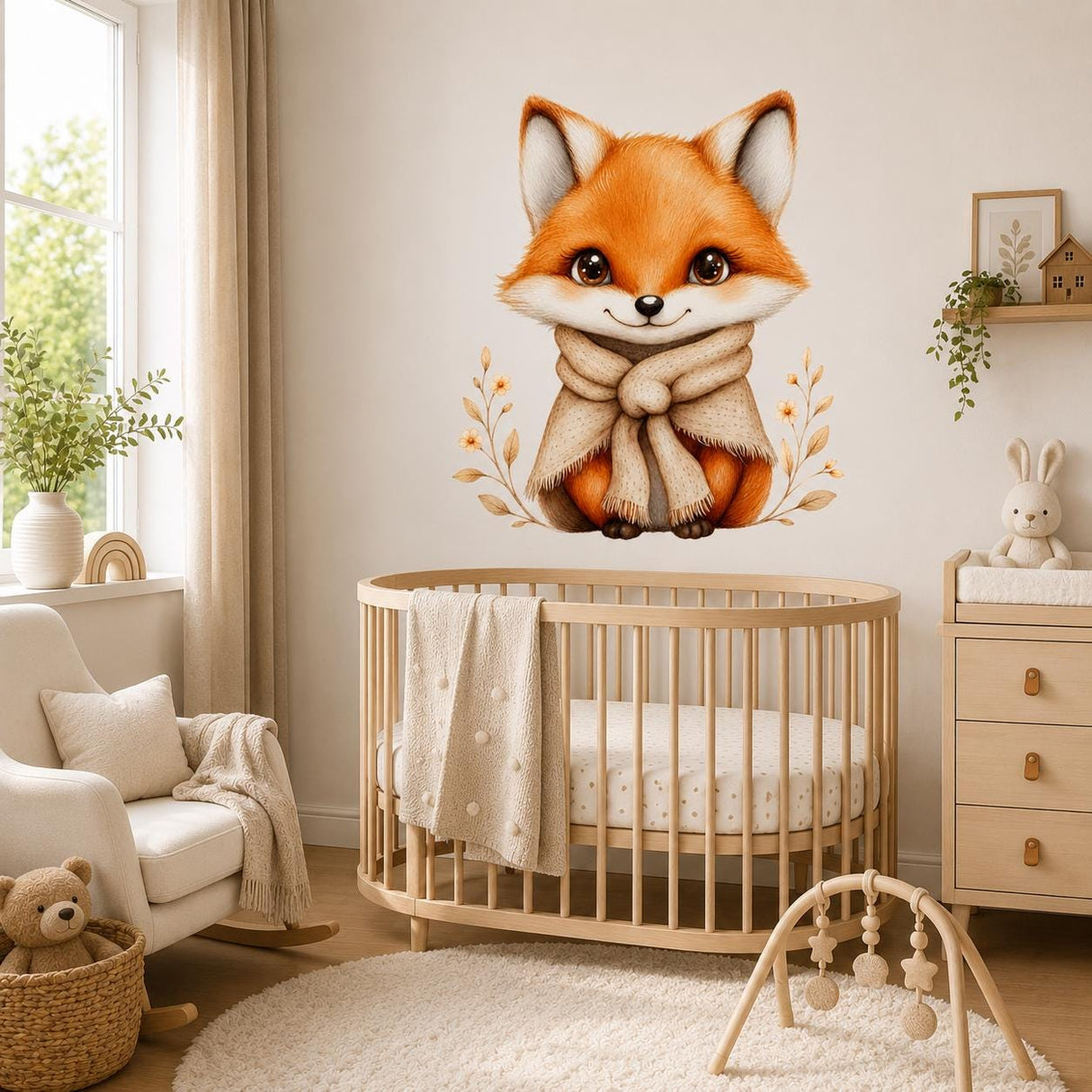Cute Fox Wall Vinyl Decal | Watercolor Baby Fox Sticker With Scarf | Woodland Nursery Wall Art | Kids Room Cottage Boho Decor