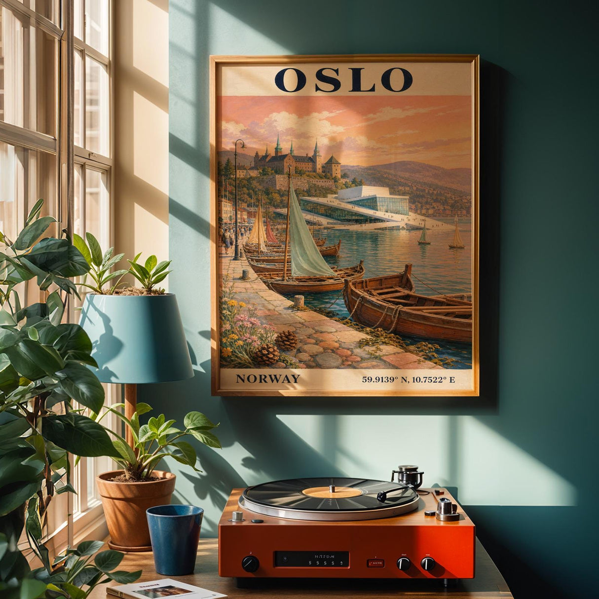 Oslo Harbor Travel Poster | Vintage Norway Wall Art Print | Navy Blue Cream Sailboat Cityscape | Scandinavian Coastal Decor | Travel Gift