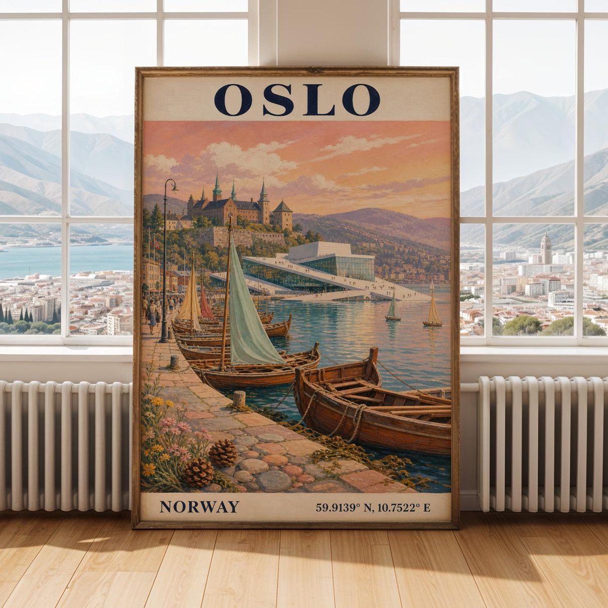 Oslo Harbor Travel Poster | Vintage Norway Wall Art Print | Navy Blue Cream Sailboat Cityscape | Scandinavian Coastal Decor | Travel Gift