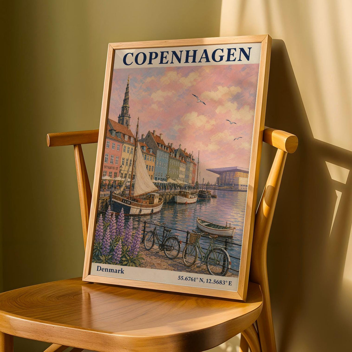 Copenhagen Harbor Travel Poster | Vintage Denmark Wall Art Print | Navy Cream Waterfront Cityscape | Scandinavian Coastal Decor