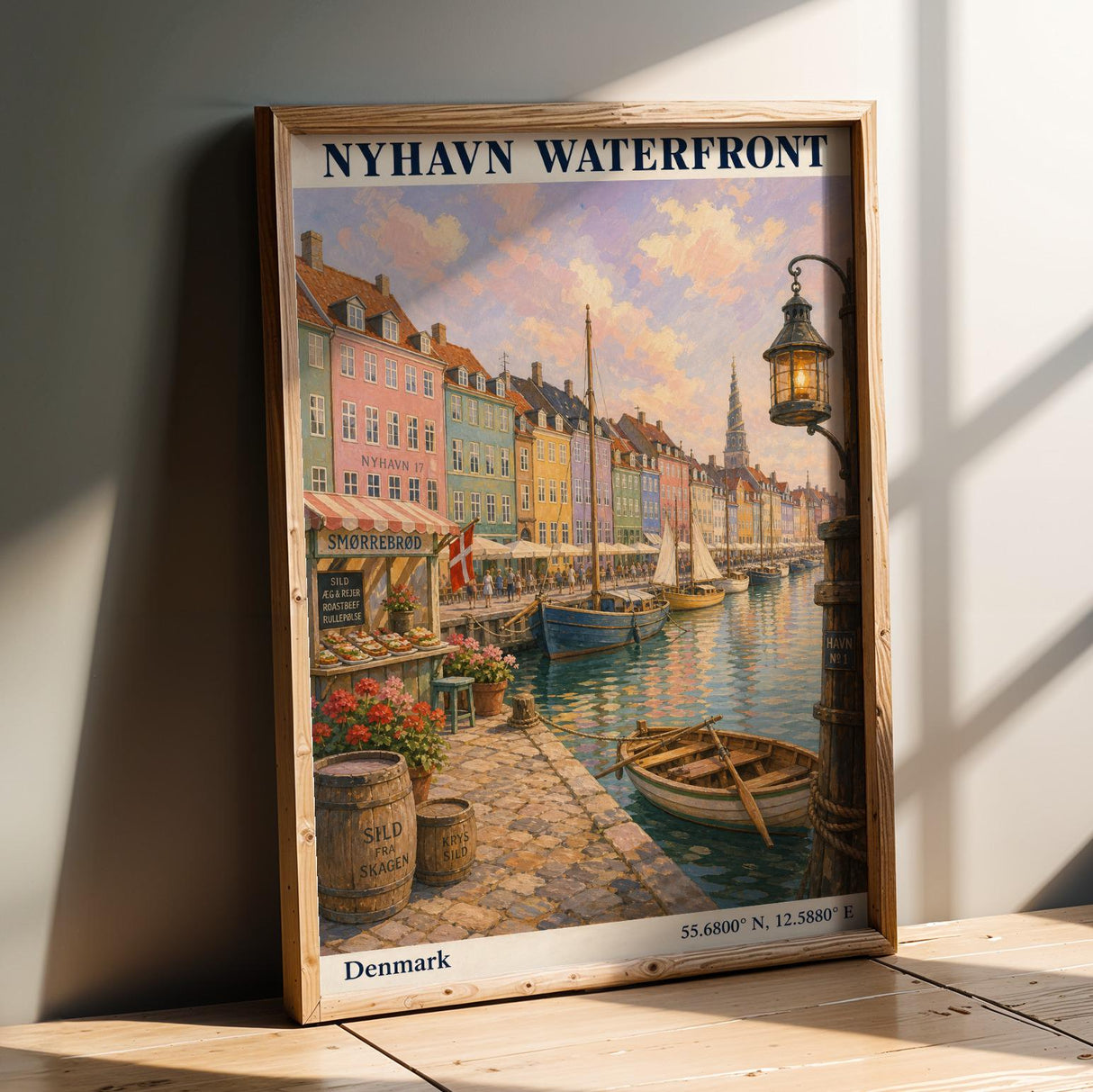 Nyhavn Copenhagen Travel Poster | Modern Denmark Wall Art Print | Navy Blue Waterfront Cityscape | Scandinavian Harbor Decor