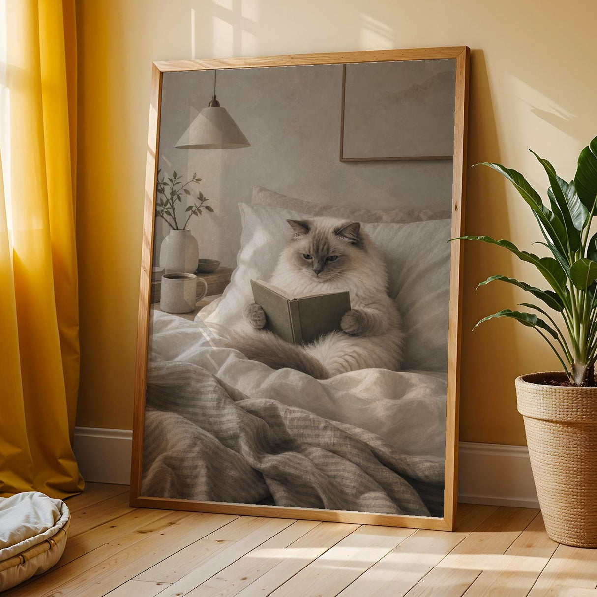 Ragdoll Cat Reading in Bed Poster | Modern Gouache Cat Wall Art | Warm Beige Oat Milk Decor | Cozy Minimalist Bedroom Print | Cat Lover Gift