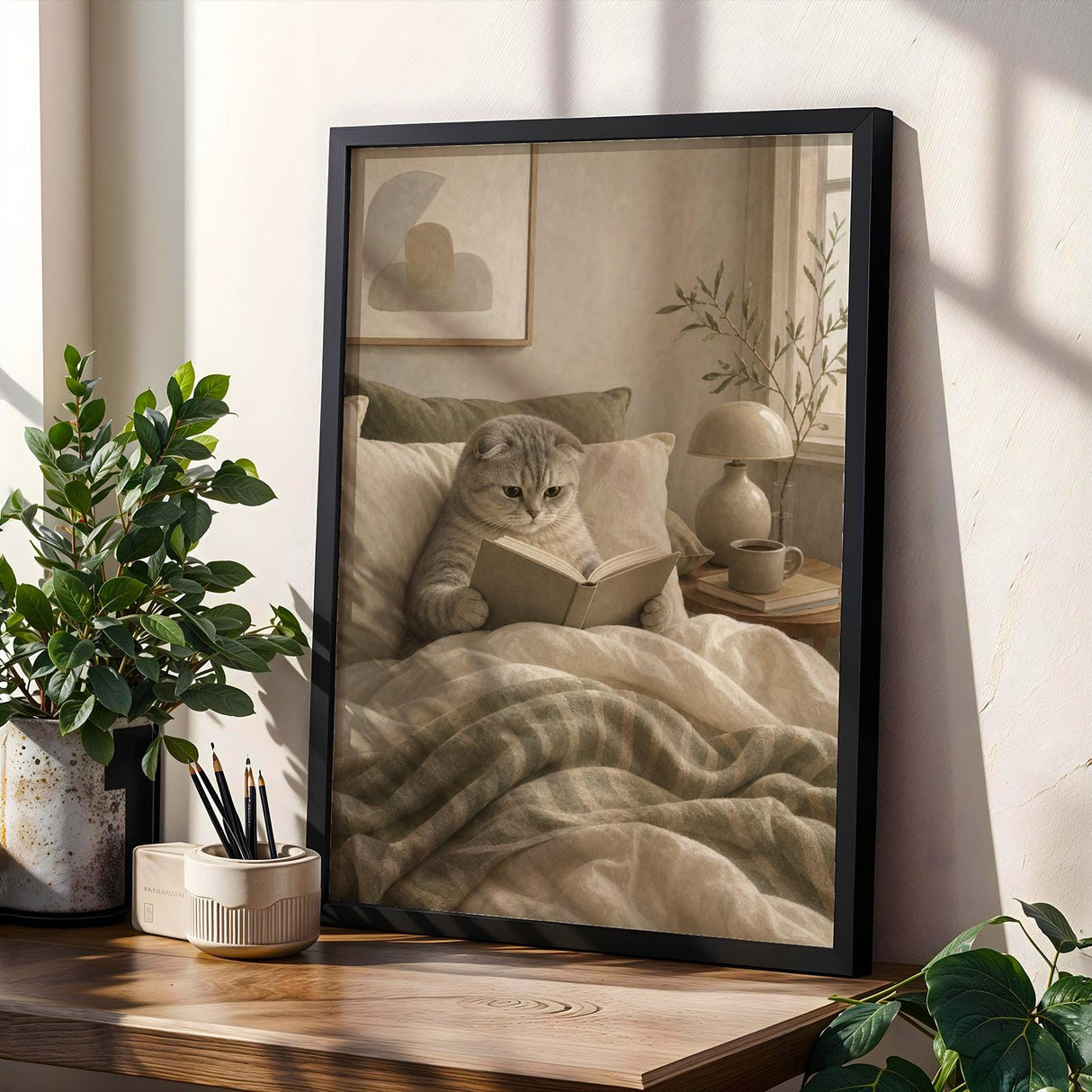 Scottish Fold Cat Reading in Bed Poster | Modern Gouache Cat Wall Art | Warm Beige Oat Milk Decor | Cozy Minimalist Bedroom Print