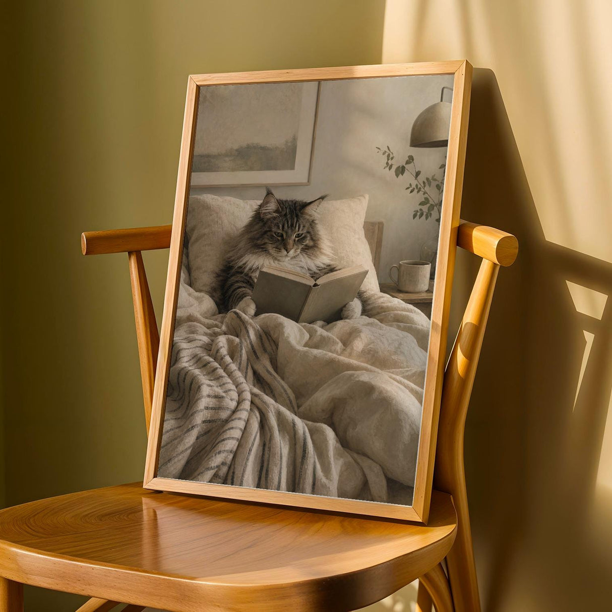 Norwegian Forest Cat Reading in Bed Poster | Modern Gouache Cat Wall Art | Warm Beige Charcoal Gray Decor | Cozy Bedroom Reading Nook Print