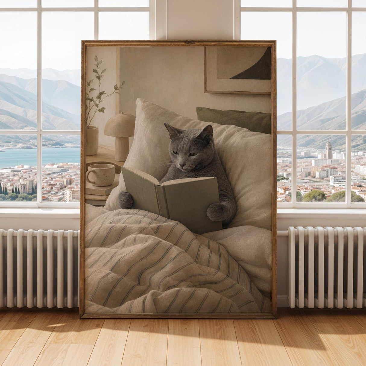 Russian Blue Cat Reading in Bed Poster | Modern Gouache Cat Wall Art | Warm Beige Neutral Decor | Cozy Minimalist Bedroom Print