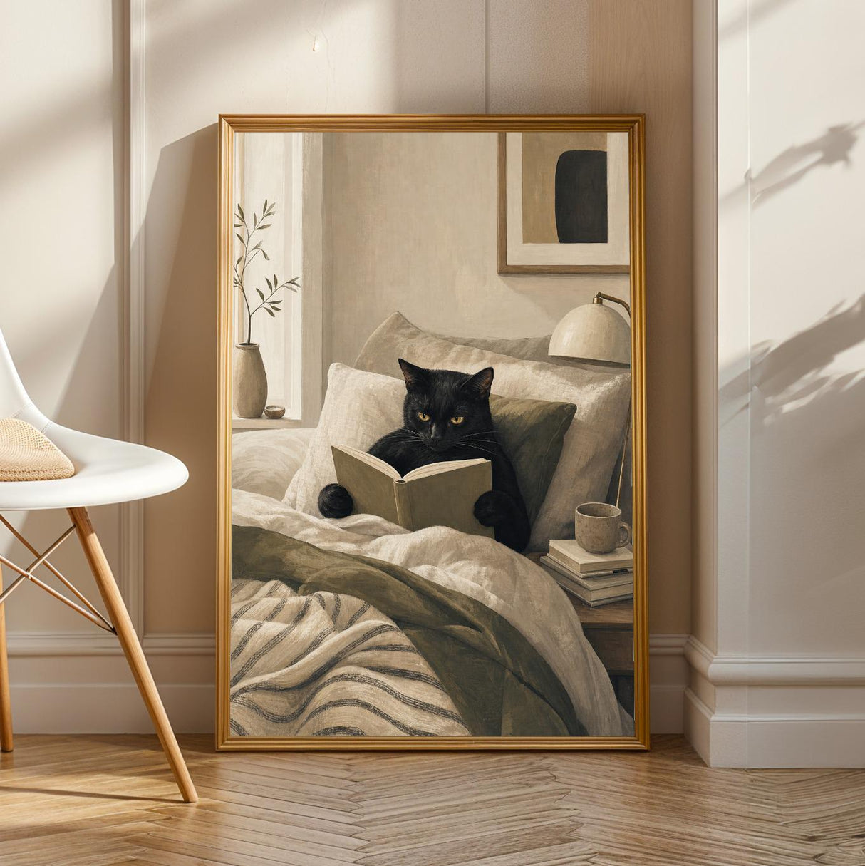 Bombay Cat Reading in Bed Poster | Modern Gouache Cat Wall Art | Warm Beige Oat Milk Decor | Cozy Minimalist Bedroom Print | Cat Lover Gift