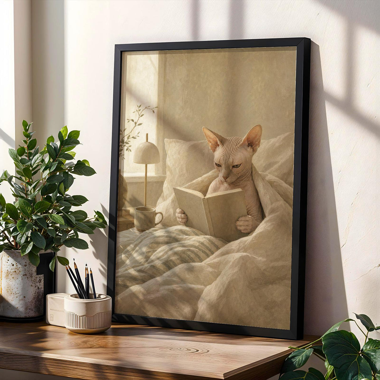 Sphynx Cat Reading in Bed Poster | Modern Gouache Cat Wall Art | Warm Beige Oat Milk Decor | Cozy Minimalist Bedroom Print