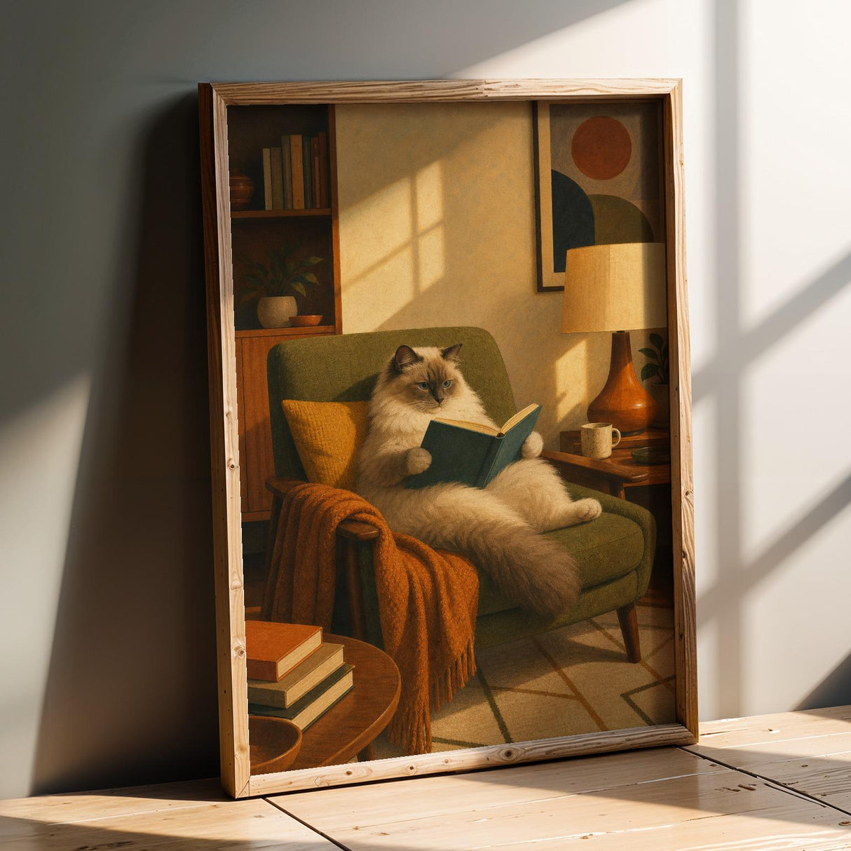 Ragdoll Cat Reading in Armchair Poster | Retro Painterly Cat Wall Art | Olive Green Burnt Orange Decor | Cozy Mid Century Living Room Print