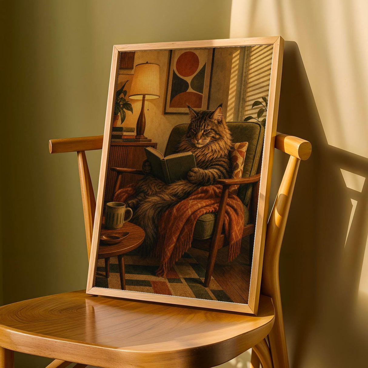 Maine Coon Reading in Armchair Poster | Retro Modern Cat Wall Art | Burnt Orange Walnut Brown Decor | Cozy Mid Century Office Print