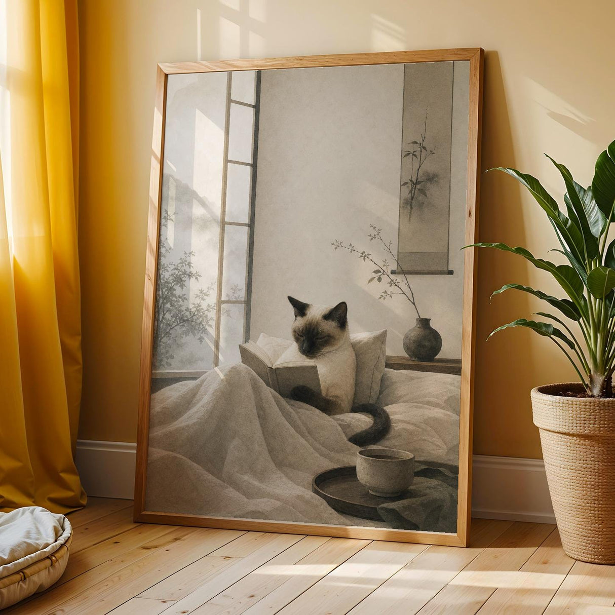 Siamese Cat Reading in Bed Poster | Japanese Zen Sumi-e Cat Wall Art | Warm Ivory Fog Gray Decor | Minimalist Bedroom Print | Cat Lover Gift