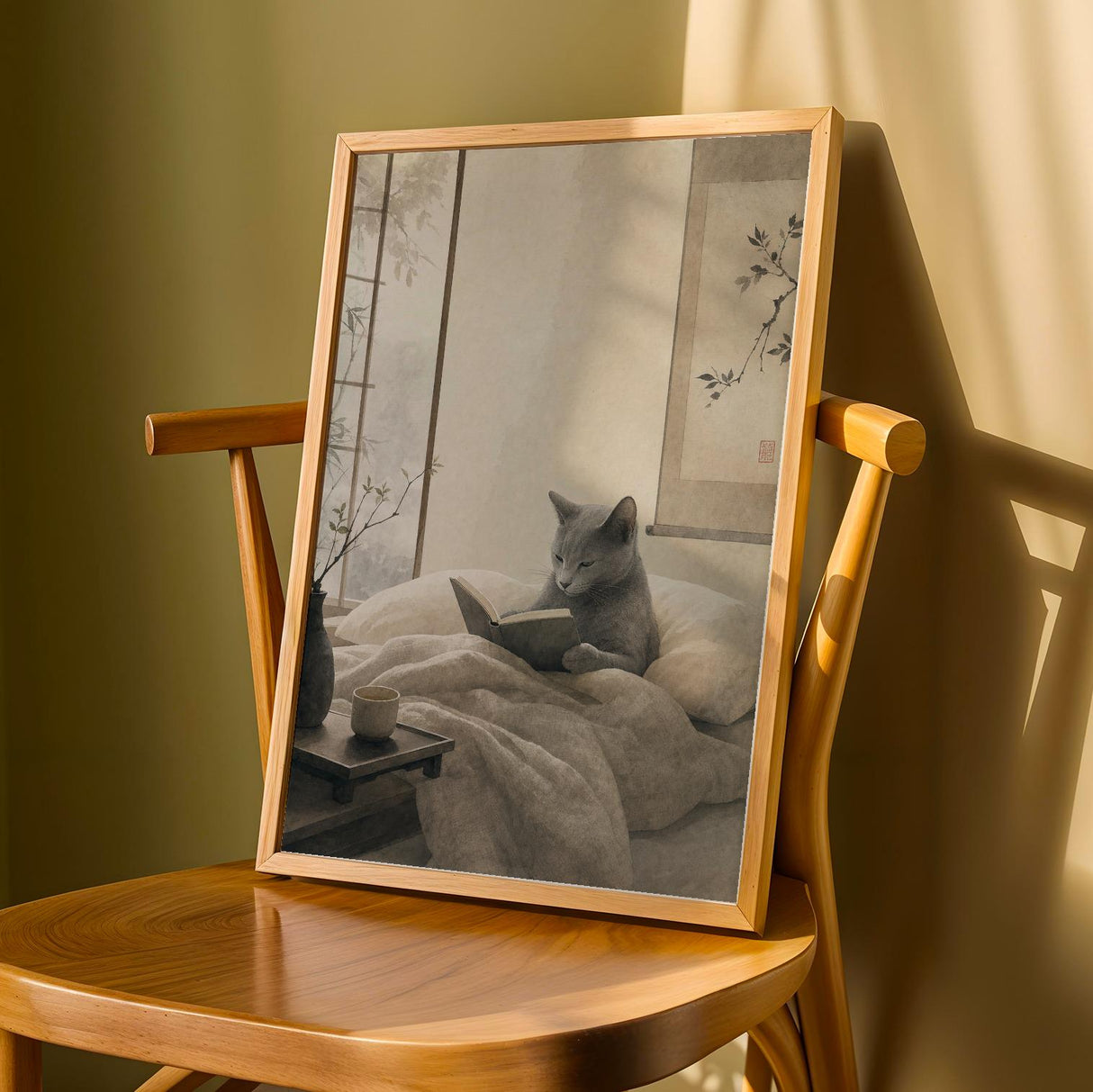 Fog Gray Zen Cat Poster | Modern Sumi-E Paper Print | Russian Blue Cat Wall Print | Japanese Zen Printable Art | Bedroom Decor Posters
